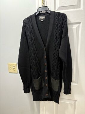 Barbour US Size 10 Merino Wool Cedar Chunky Cable Knit Cardigan Leather Pockets